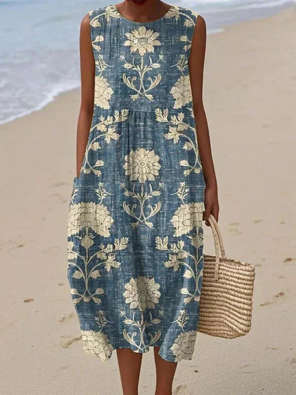 Boho Patchwork Floral Sleeveless Midi Dress