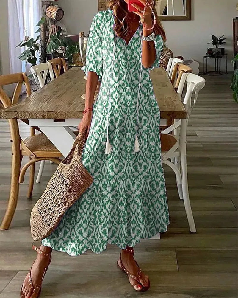 Boho Print Maxi Dress with Lantern Sleeves