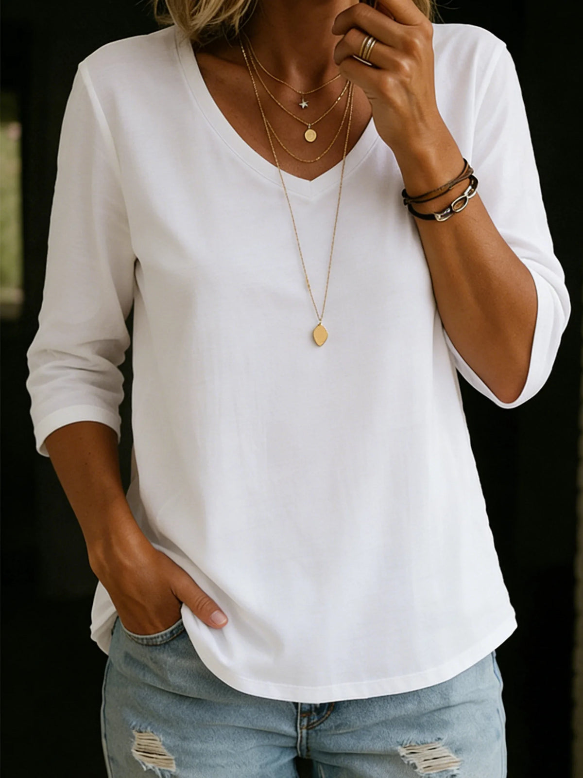 Sophie | Cotton V-Neck T-Shirt with Three-Quarter Sleeves for Women