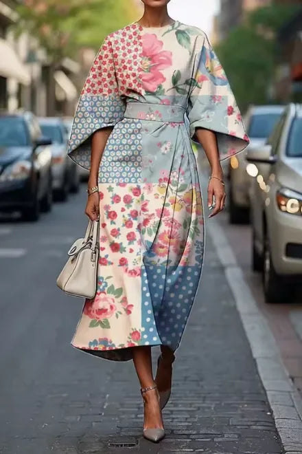 Daphne | Elegant Floral Kimono-Sleeve Midi Dress for Women