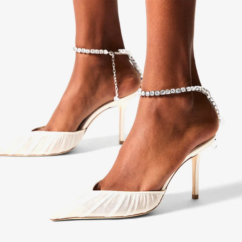Ivory Mesh Crystal Ankle Strap Stiletto Heels