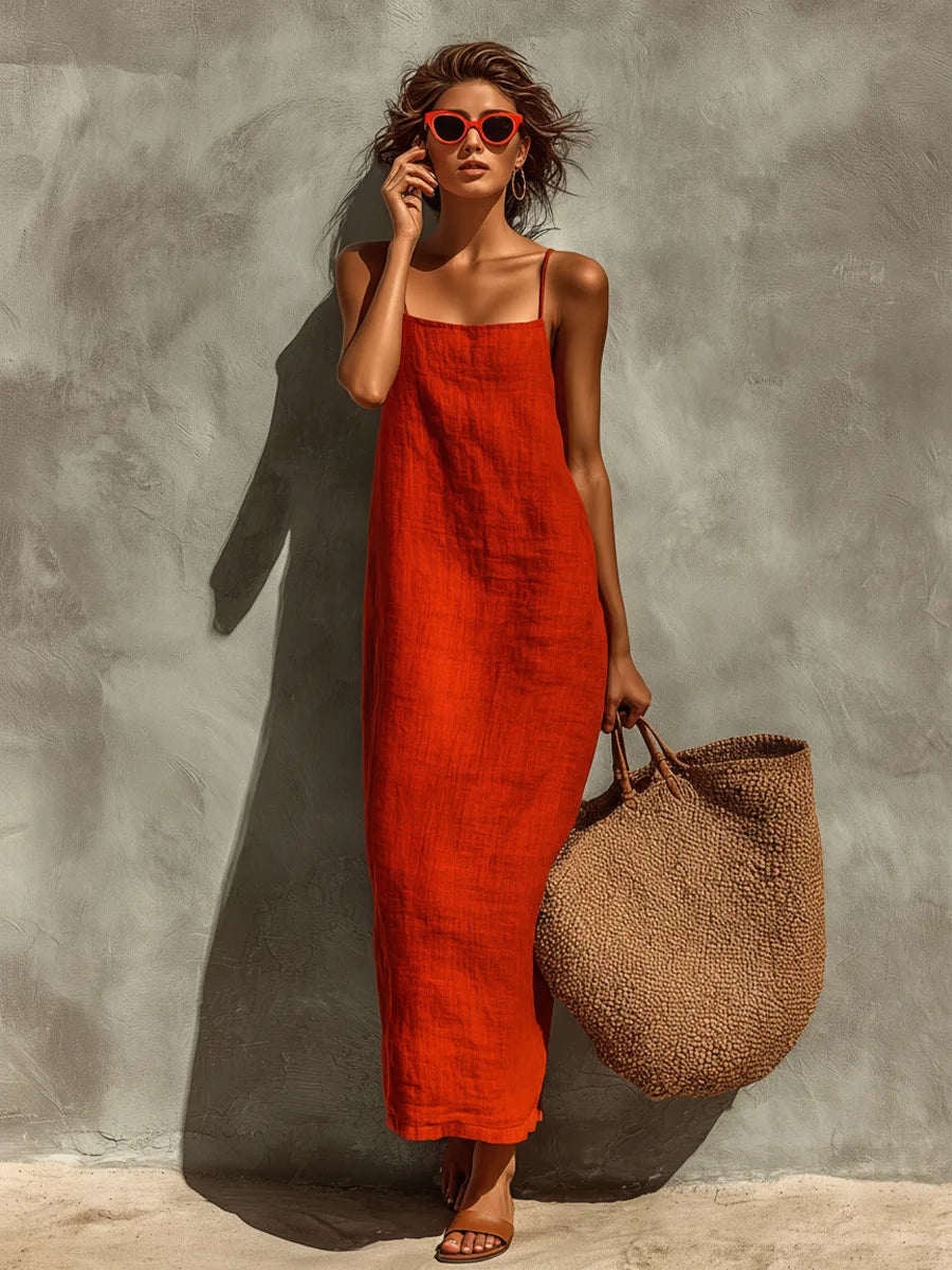 Red Linen Square-Neck Maxi Dress