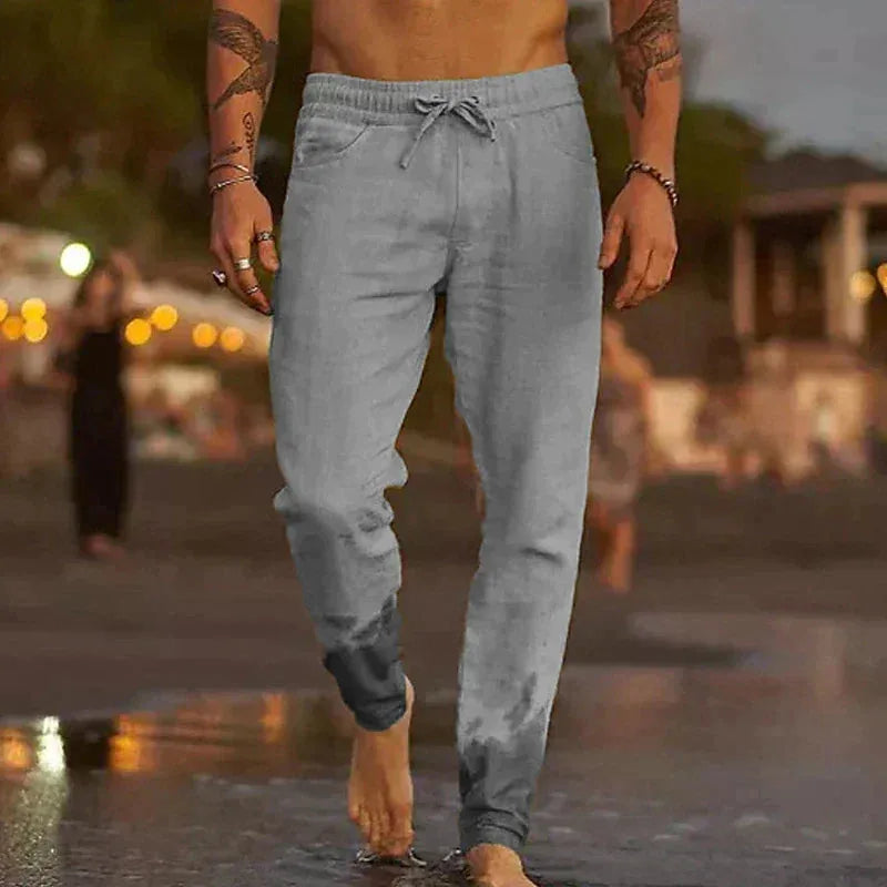 Linen Blend Drawstring Pants with Gathered Ankles