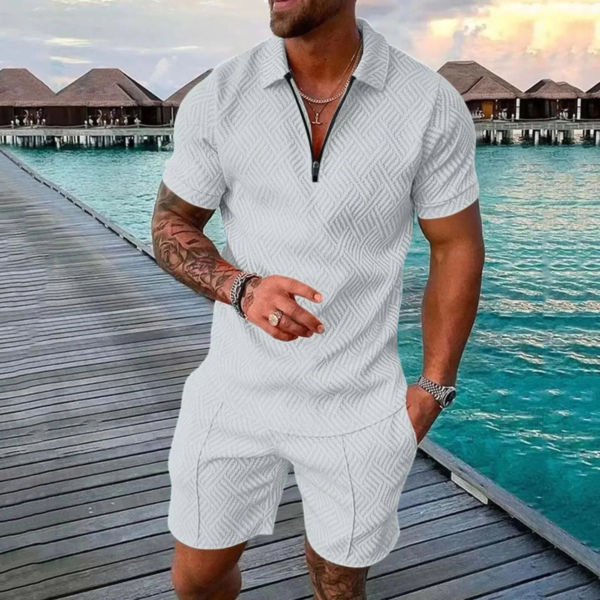 Eric | Men's Textured Polo and Shorts Two-Piece Summer Set