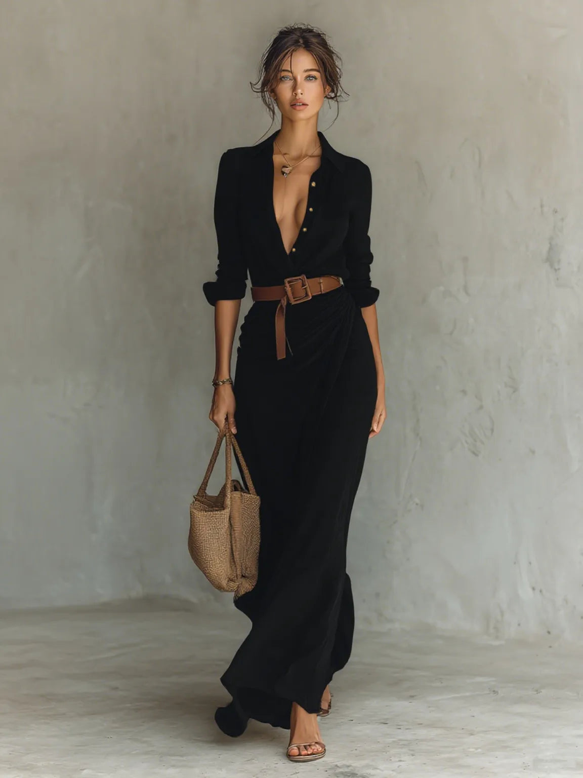 Elegant Plunging Wrap Maxi Dress