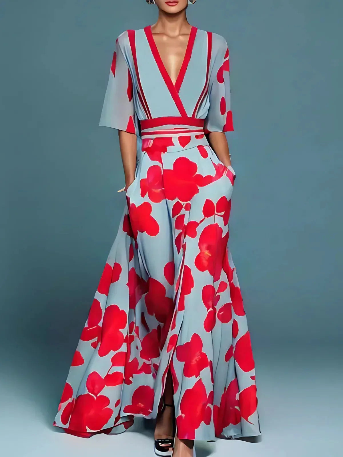 Nell | Elegant Red Floral V-Neck Maxi Dress for Women