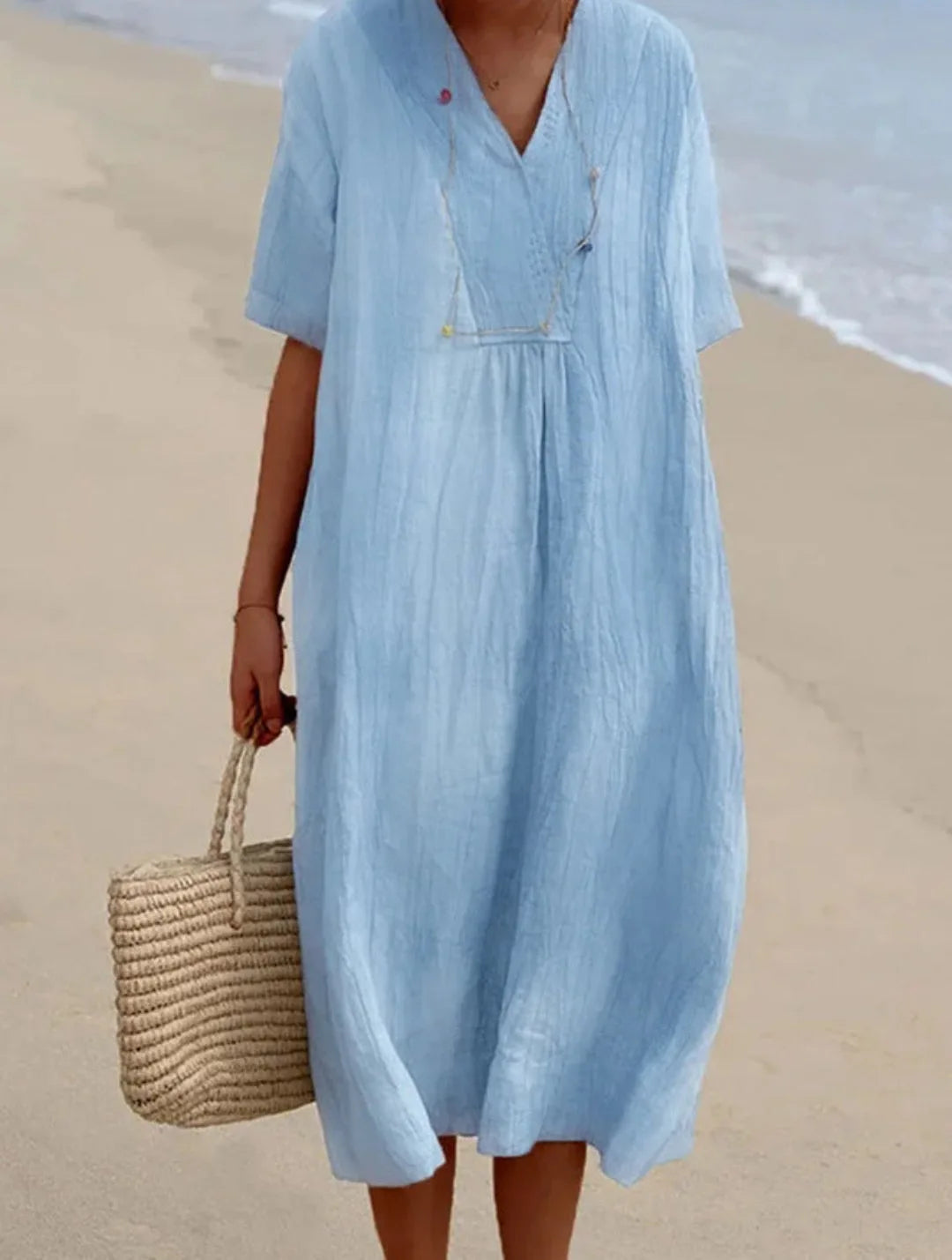 Relaxed Linen-Look V-Neck Midi Dress