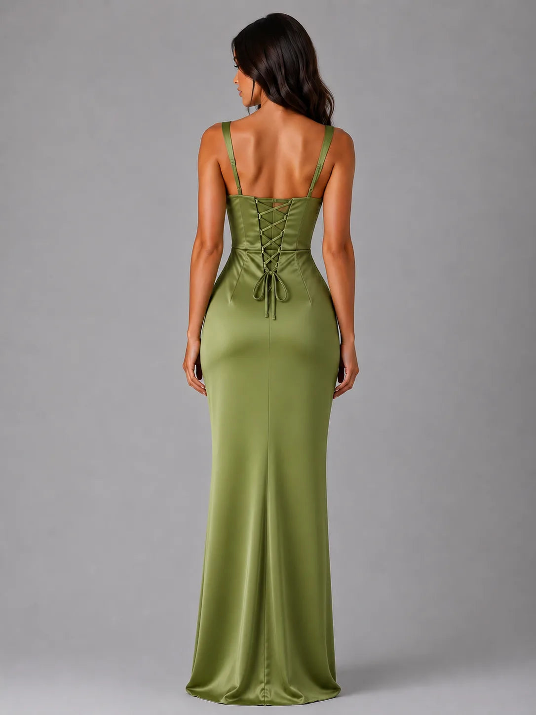 Satin Ruched Maxi Dress with Lace-Up Back
