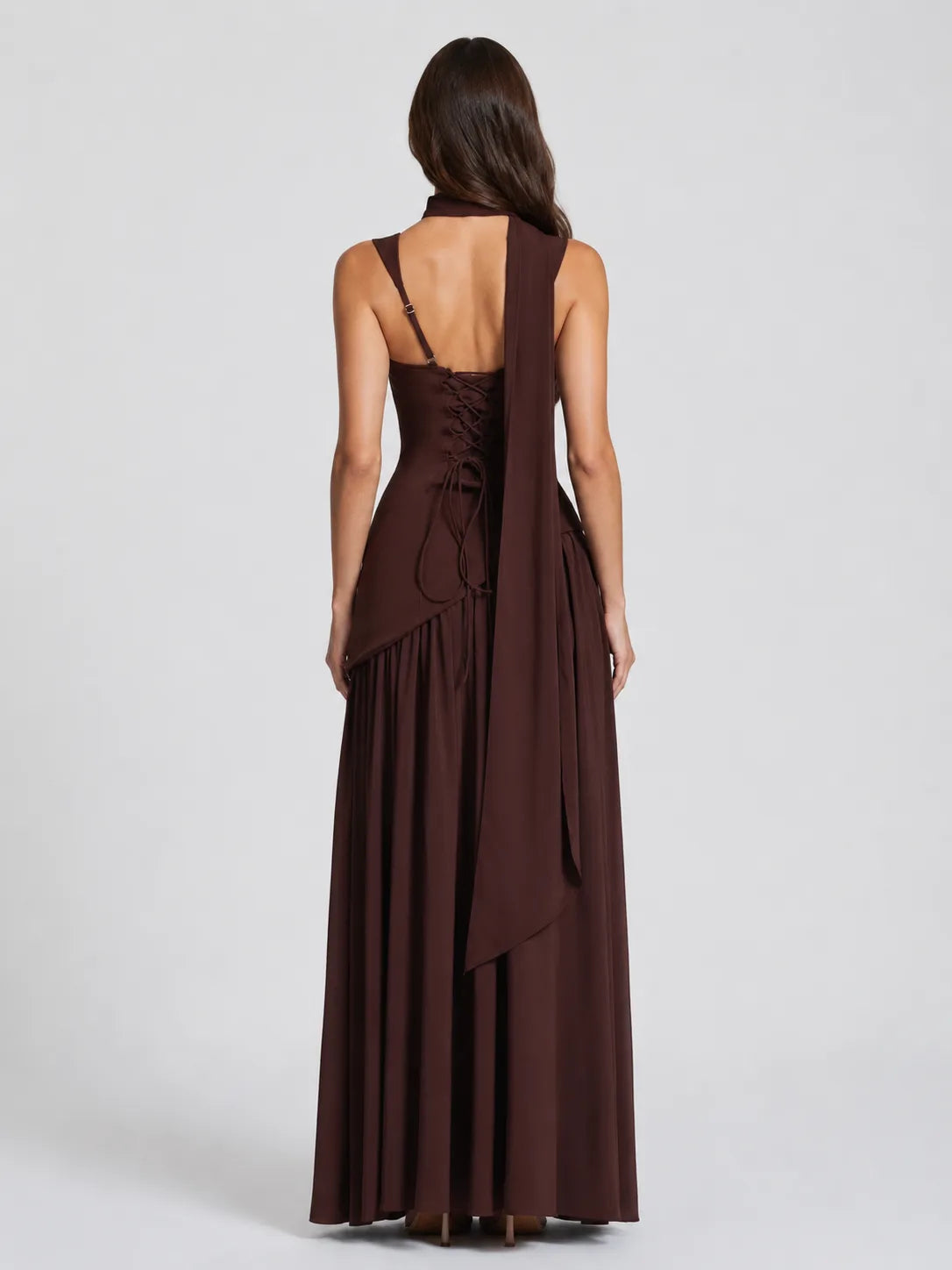 Harriet | Sculpted Satin-Feel Maxi Dress with Scarf Tie for Women