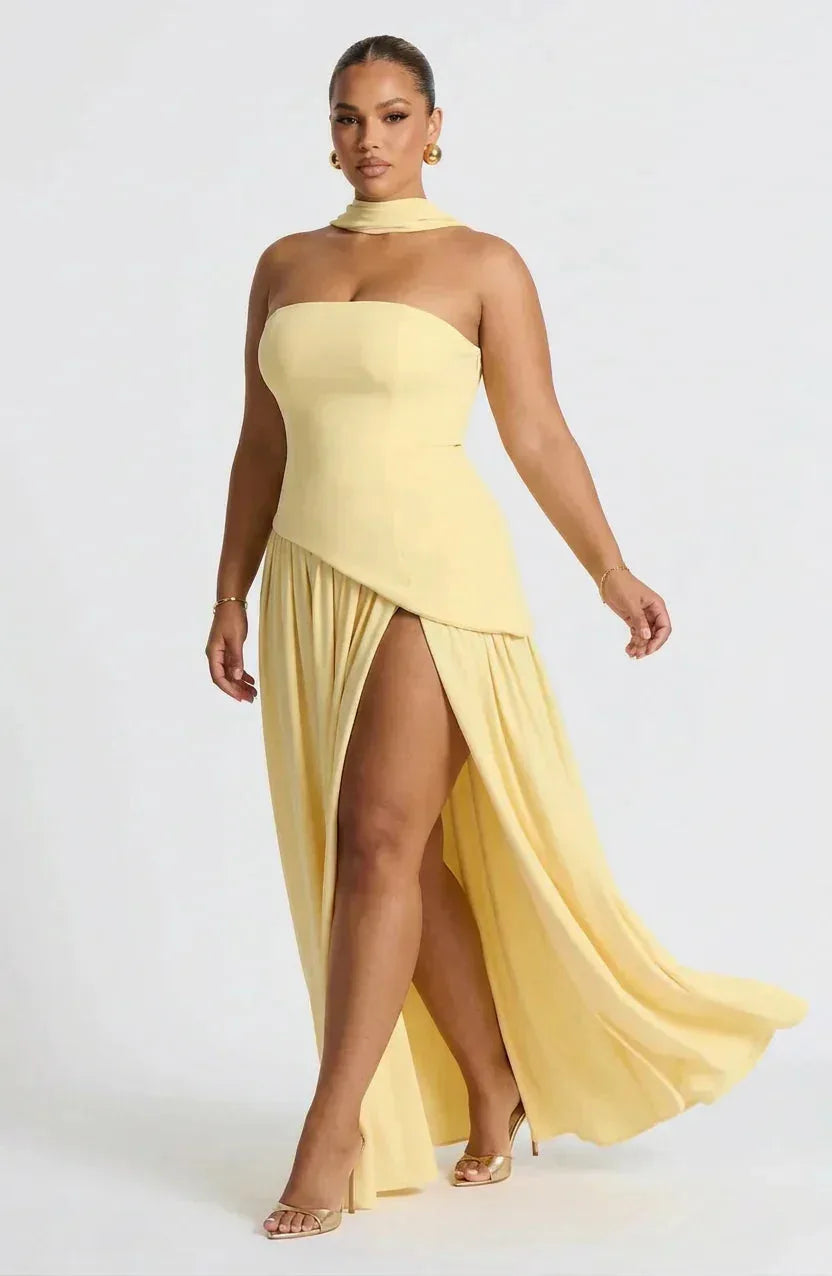 Greta | Strapless Corset Maxi Dress with Thigh Slit for Women