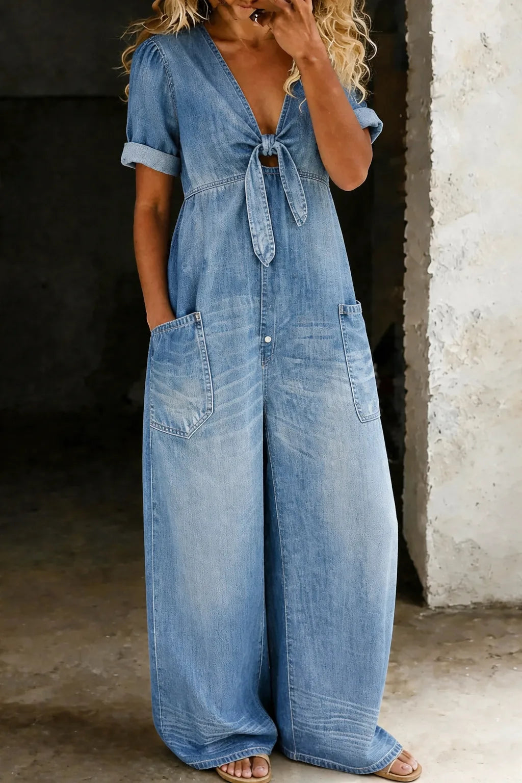 Alicia | Tie-Front Wide Leg Denim Jumpsuit for Women