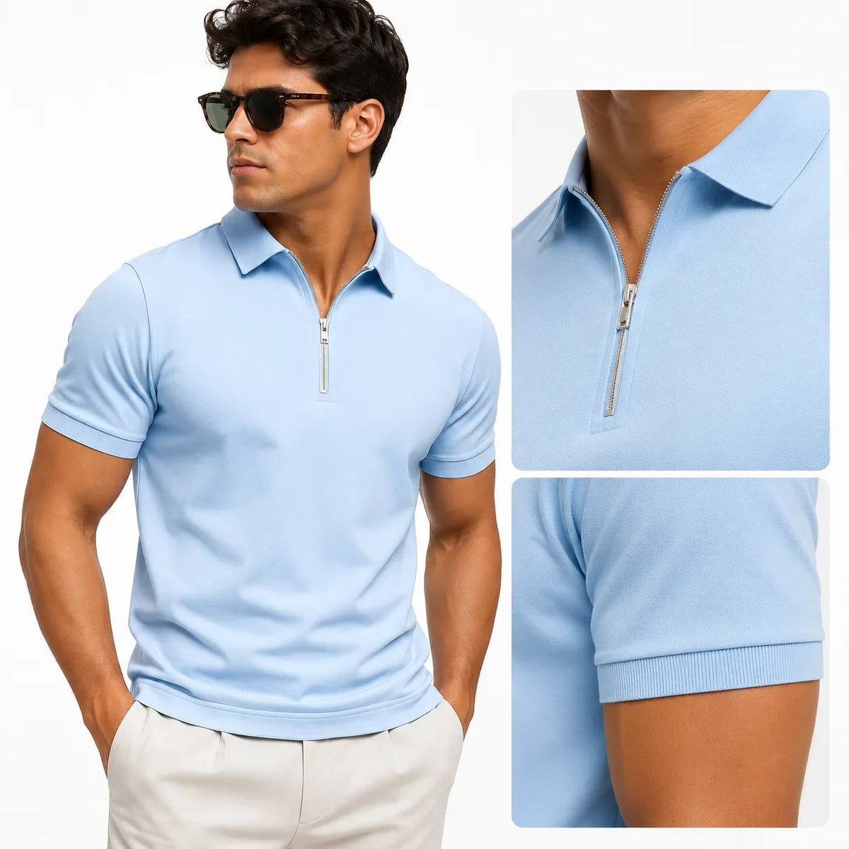 Zip-Neck Slim-Fit Short-Sleeve Polo Shirt