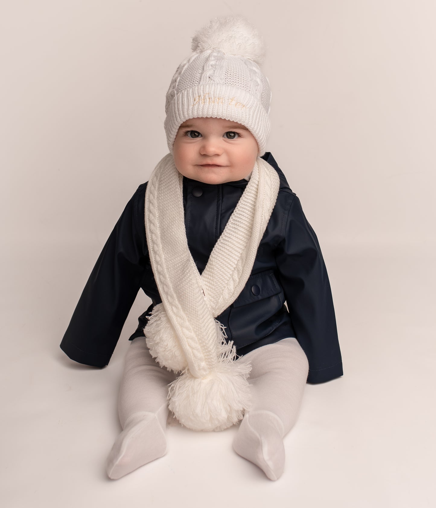 Baby Cable Knit Scarf with Pom Poms | White