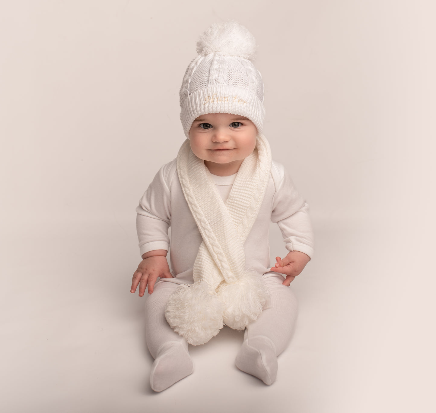 Baby Cable Knit Scarf with Pom Poms | White