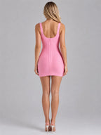 Back view of pink bandage mini dress with ribbed texture and exposed centre back zip