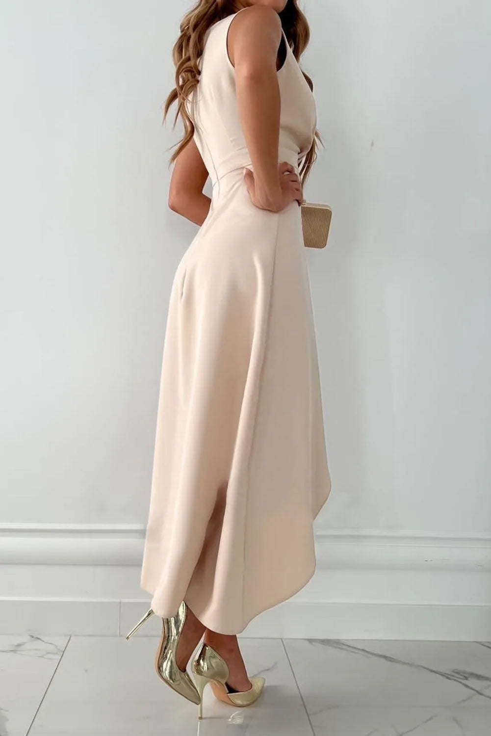 Iris | Beige Wrap Midi Dress with V-Neck for Women