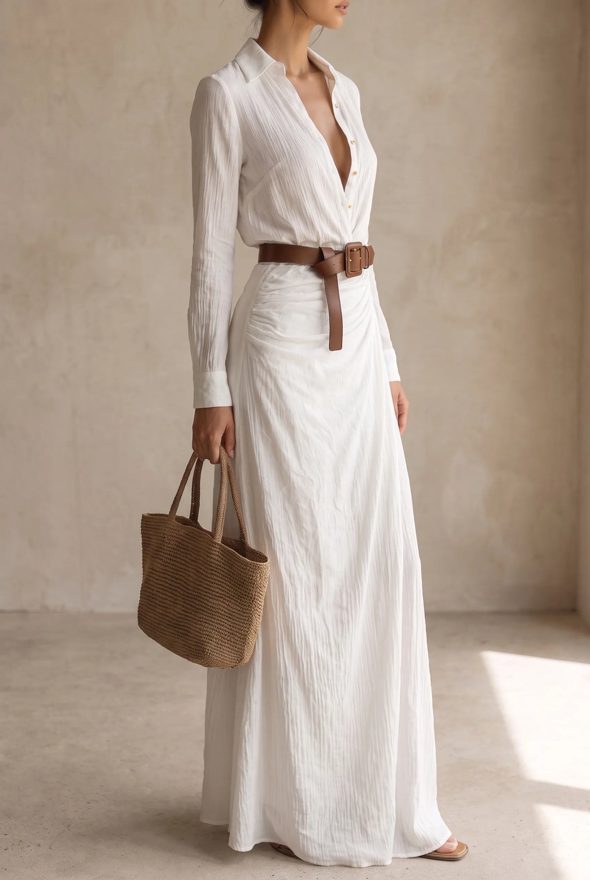 Belted Collared Long Sleeve Maxi Dress for Women image 10
