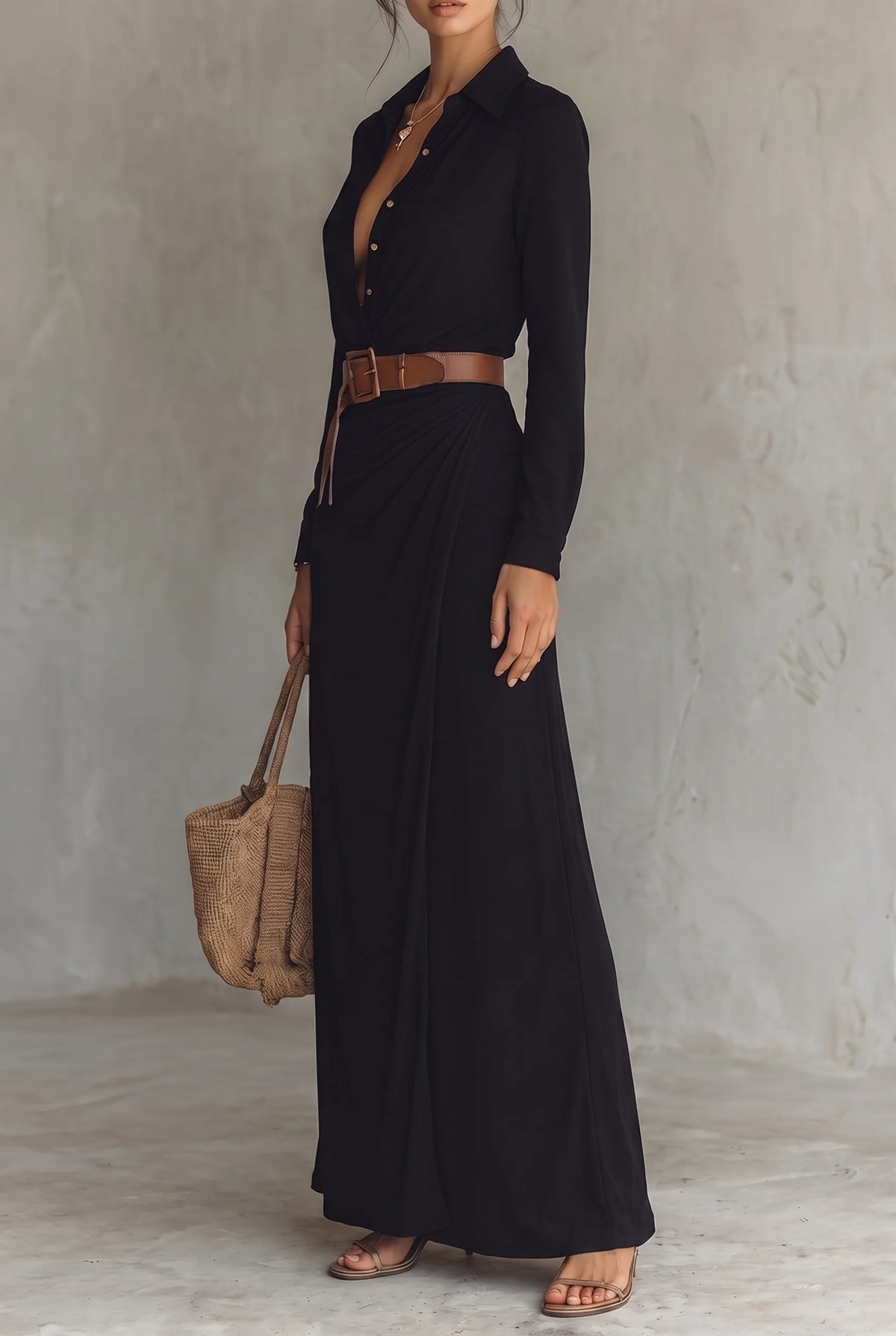 Belted Collared Long Sleeve Maxi Dress for Women image 14