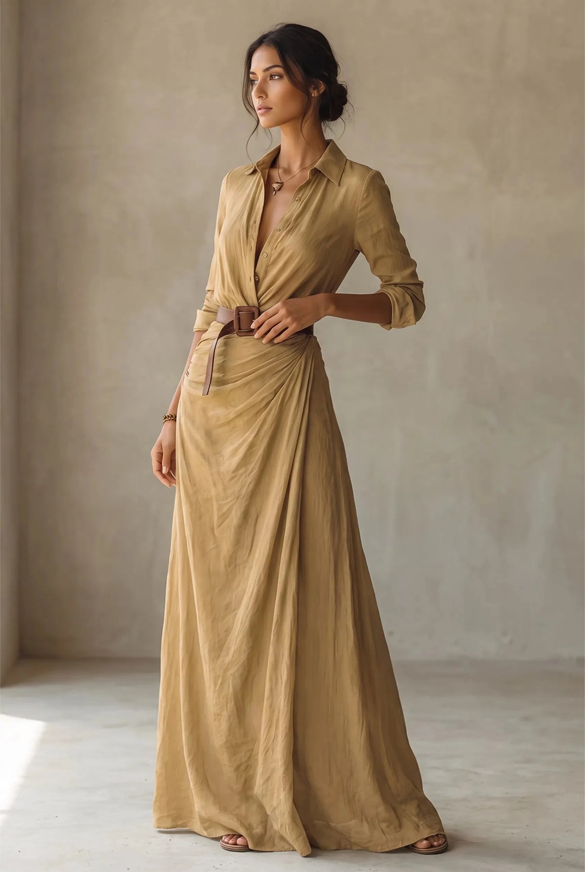 Belted Collared Long Sleeve Maxi Dress for Women image 17
