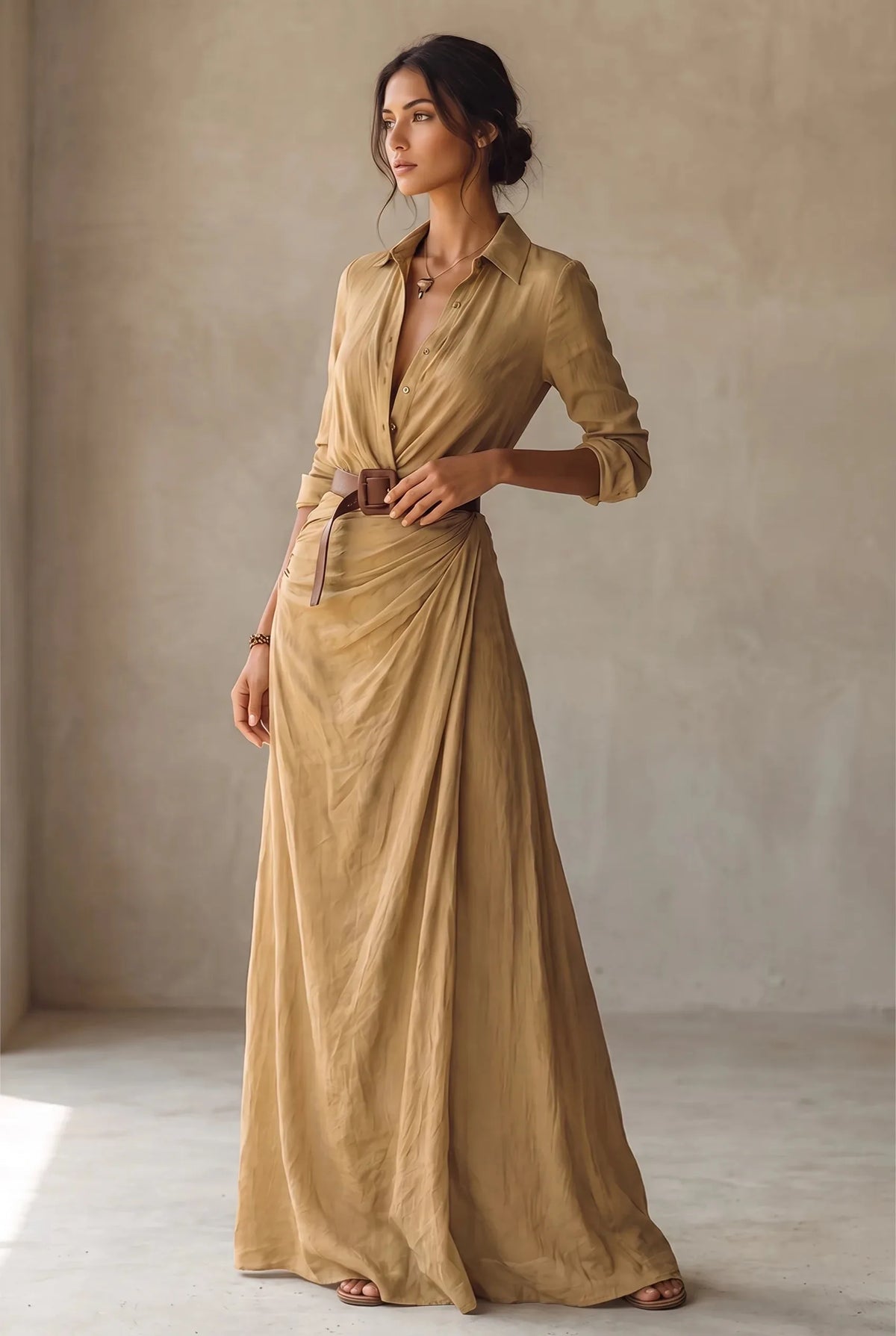 Belted Collared Long Sleeve Maxi Dress for Women image 18