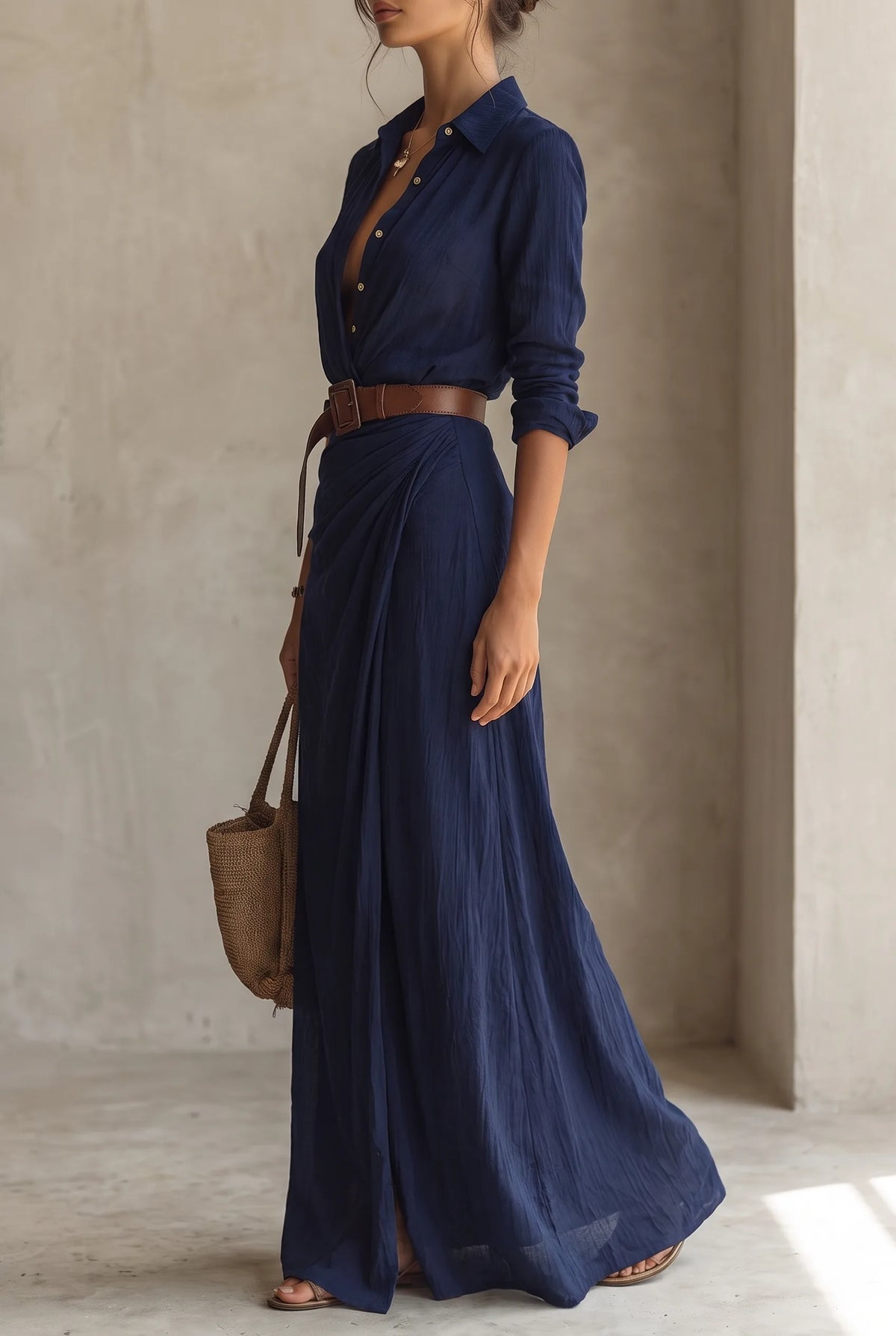 Side profile of the navy collared maxi dress with rolled sleeves, belted waist and woven tote bag