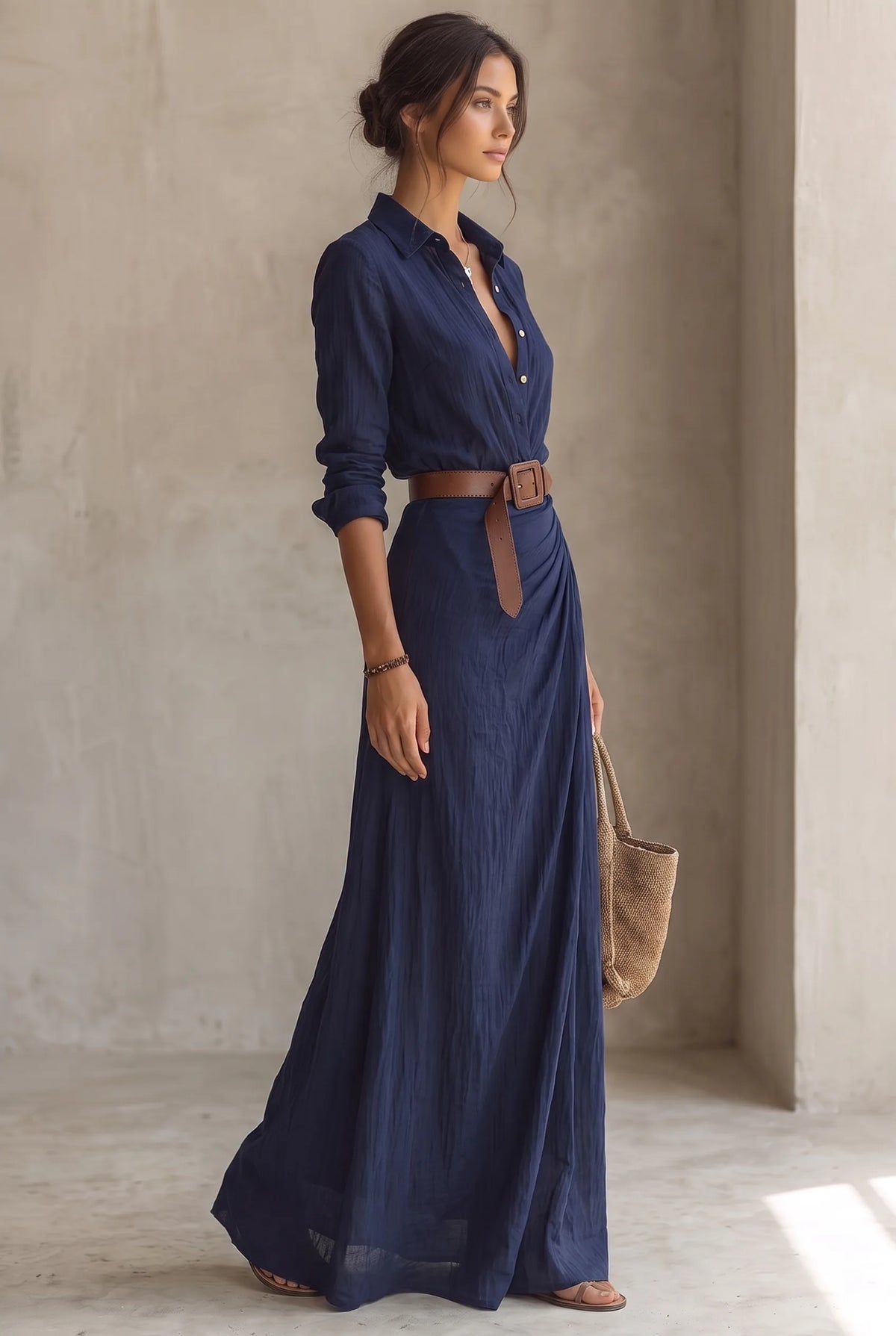 Three-quarter standing view of the navy button-front maxi dress with draped skirt and brown leather belt