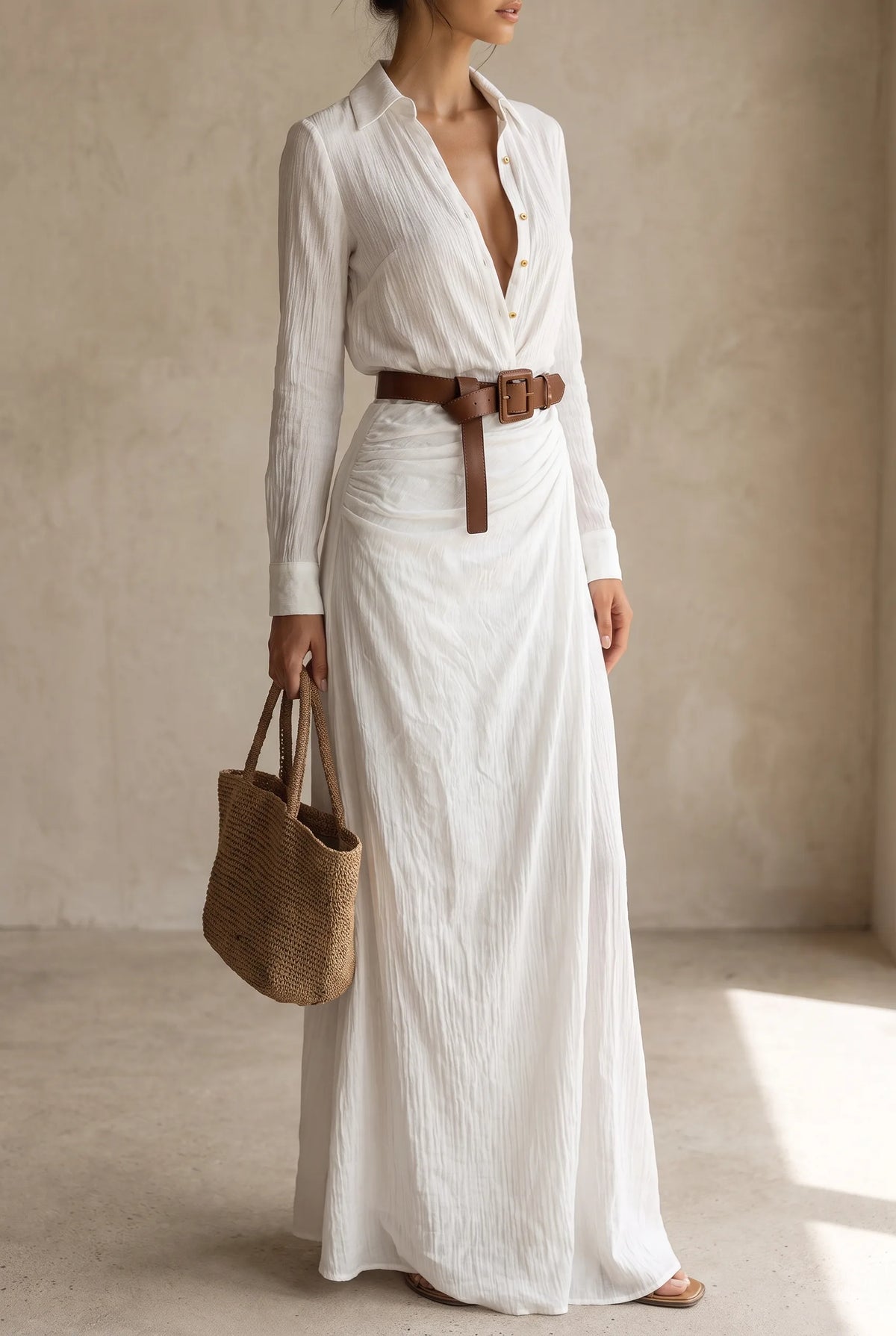Belted Collared Long Sleeve Maxi Dress for Women image 9