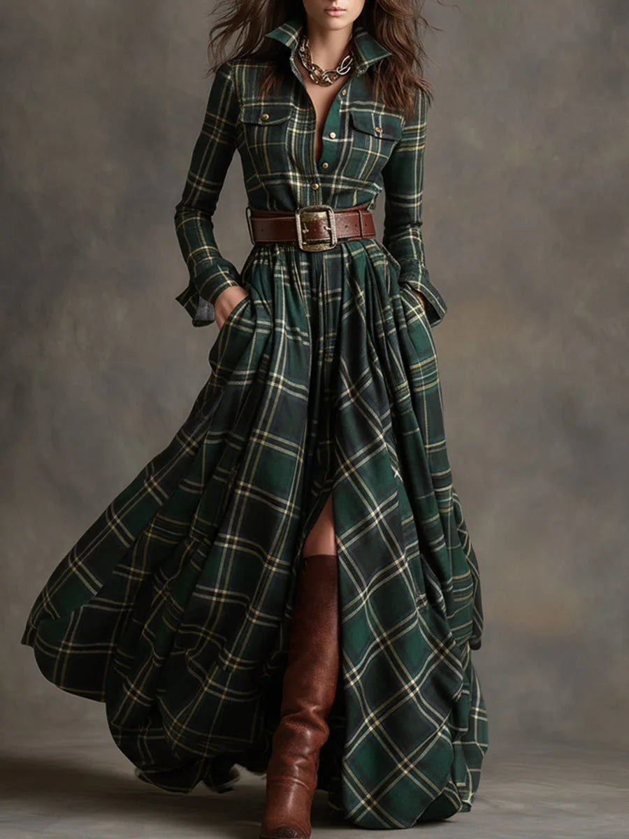 Woman modelling a green tartan belted shirt dress with flared pleated skirt and brown leather boots