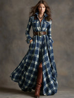 Back-leaning view showing the voluminous pleated plaid skirt with flowing movement