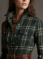 Close-up of the green plaid collar, flap chest pockets with brass buttons, and gold chain necklace