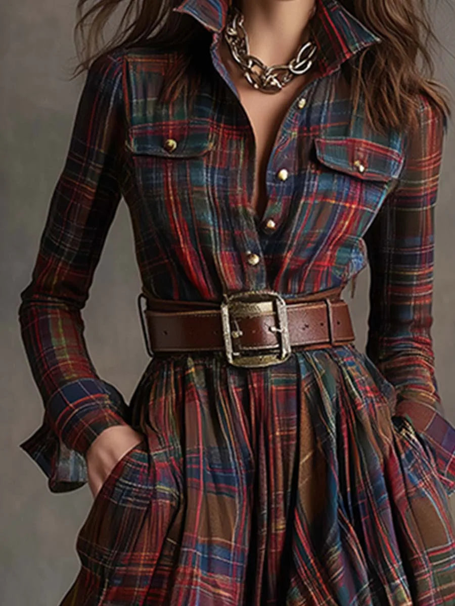 Close-up of a red and navy tartan shirt dress bodice with brass buttons and brown leather belt