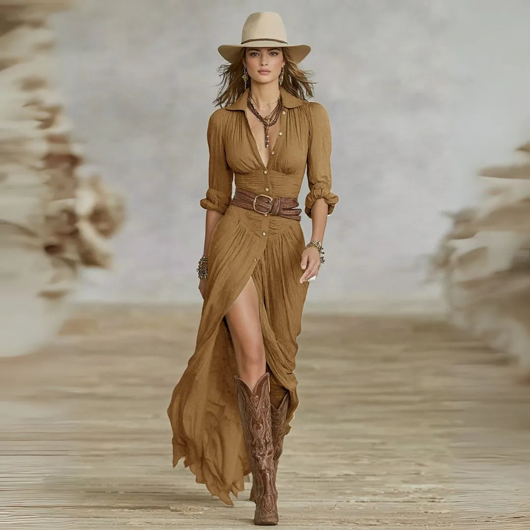 Brown belted shirt dress with gathered bodice, rolled sleeves and buckled belt, styled with tall western-style boots