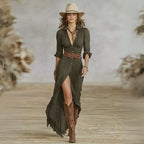 Olive green belted shirt dress showing shawl collar, button-through front and flowing maxi skirt with side slit