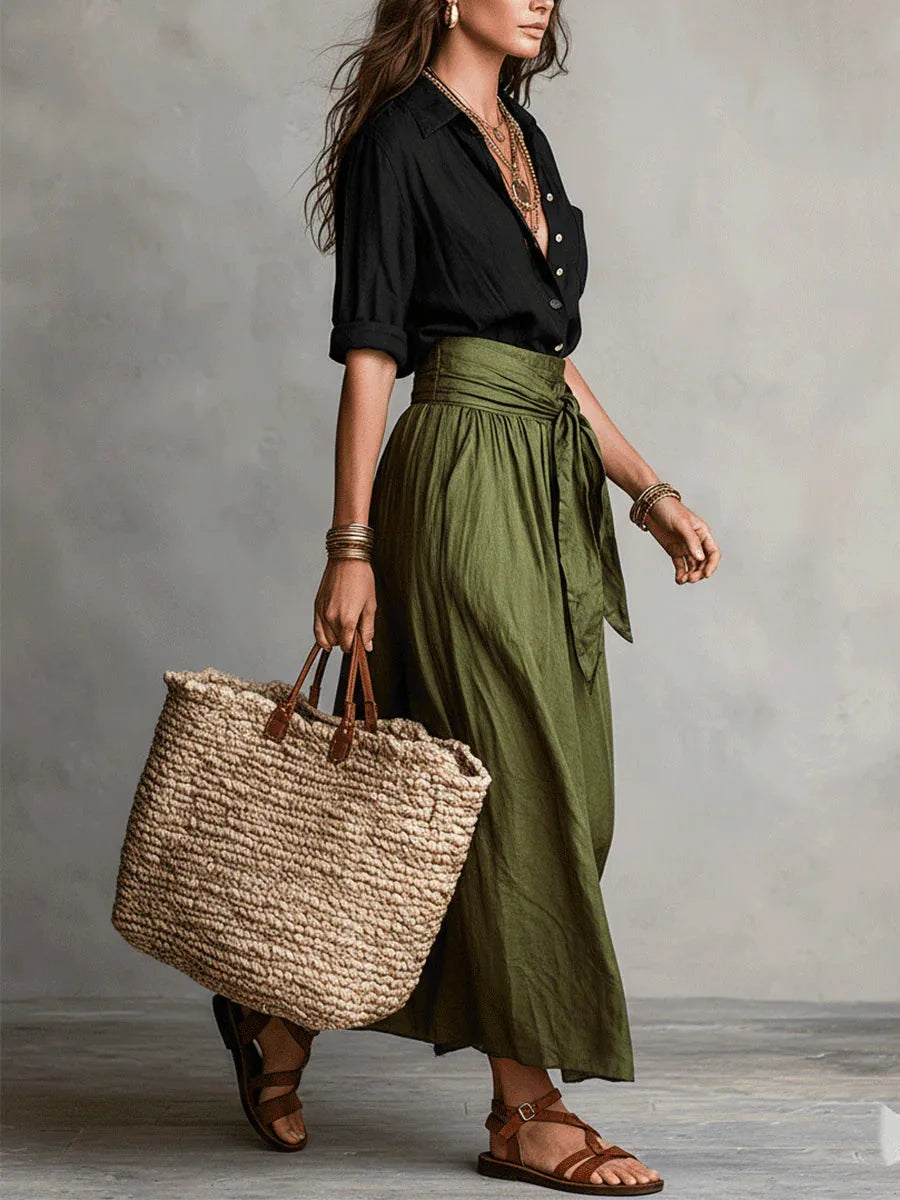 Black Shirt and Olive Green Tie-Waist Maxi Skirt Set