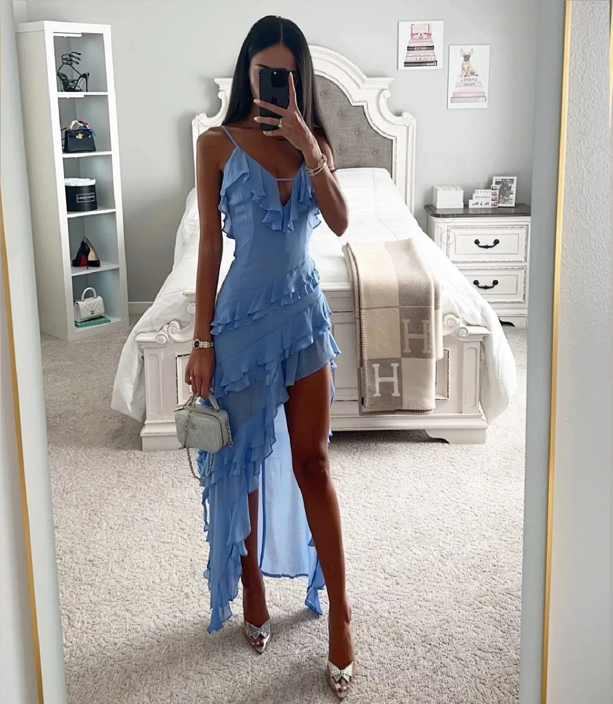 Tabitha | Blue Ruffle Wrap Maxi Dress with Asymmetric Hem for Women