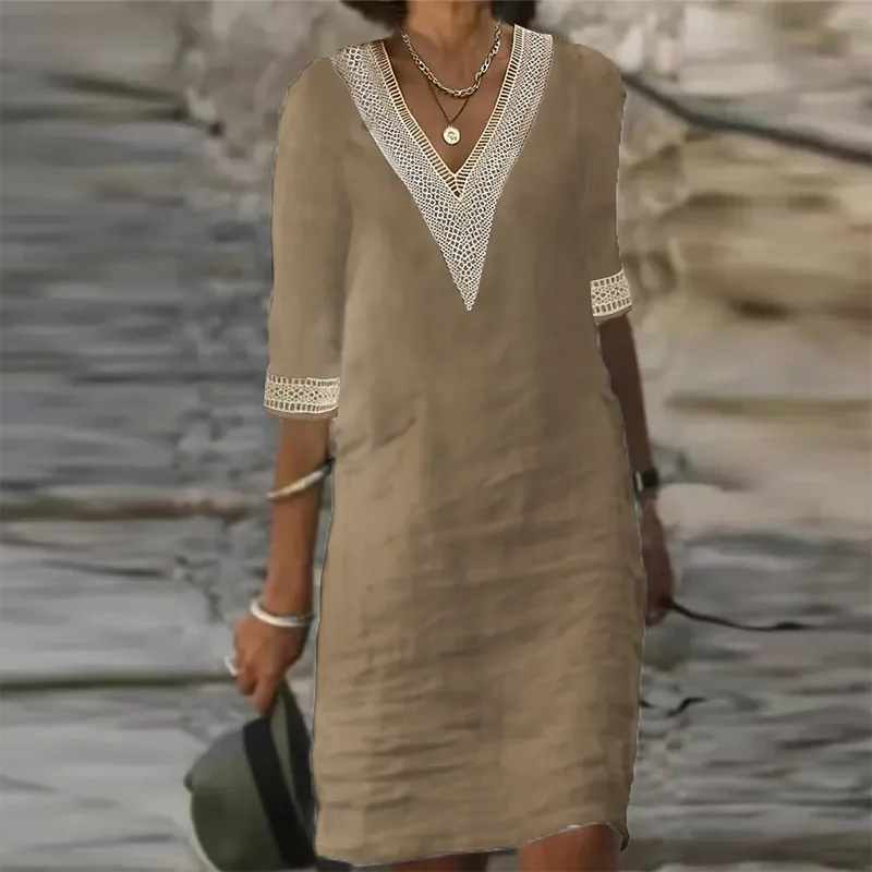 Khaki linen-look midi dress featuring a crochet V-neckline and lace-trimmed half sleeves