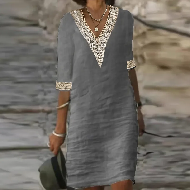 Grey boho midi dress with contrast crochet neckline and matching lace cuffs on half sleeves