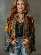 Woman wearing a rust and teal paisley velvet kimono jacket open over a black top and jeans, front view