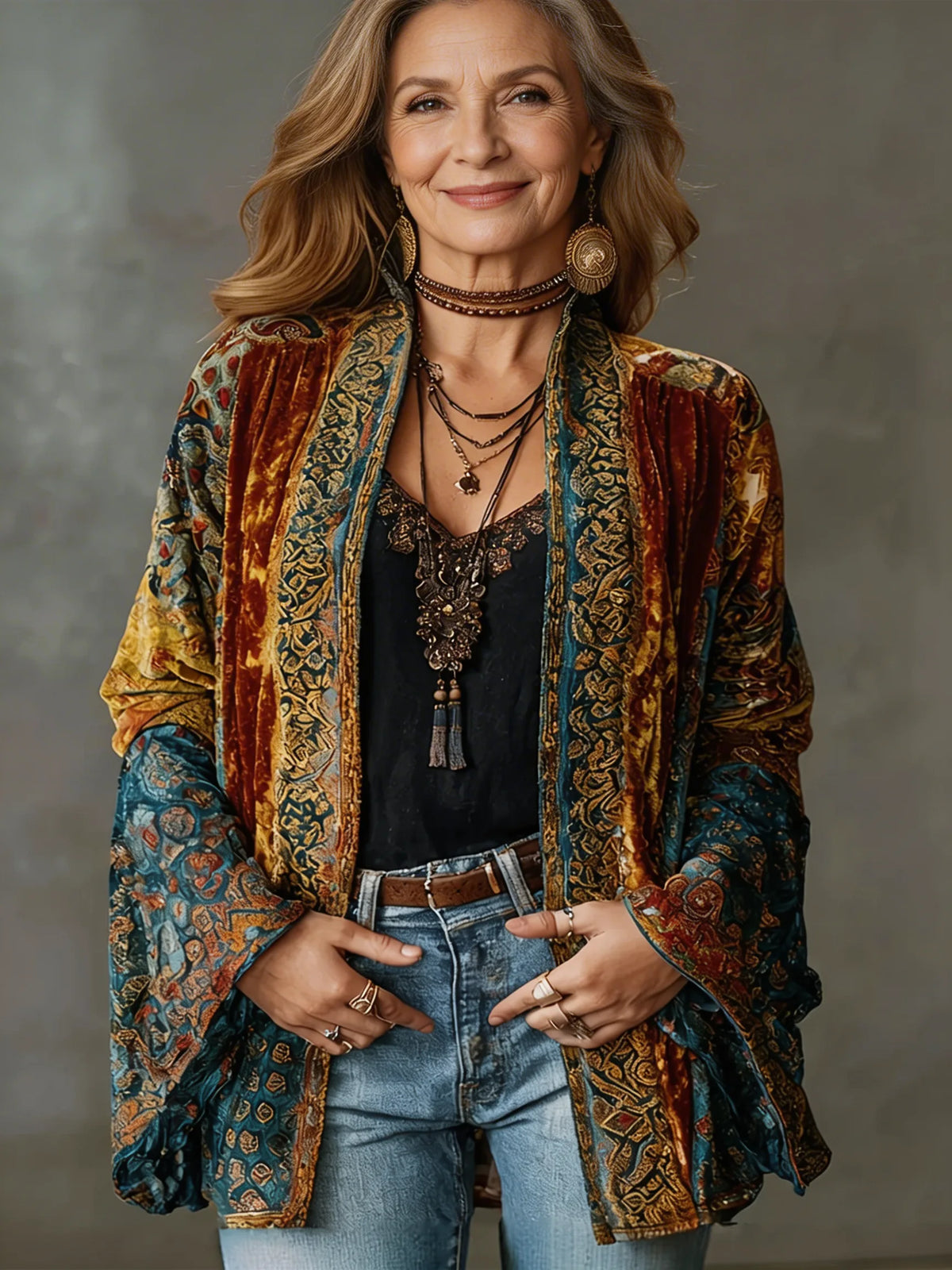 Woman wearing a rust and teal paisley velvet kimono jacket open over a black top and jeans, front view