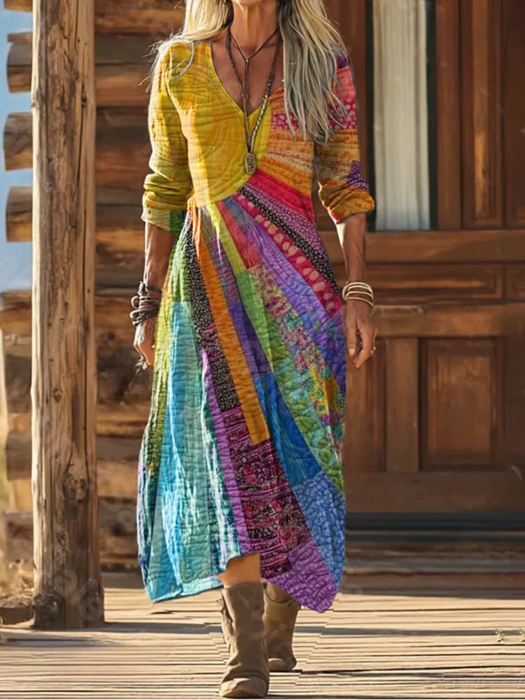 Woman wearing a long-sleeve rainbow patchwork maxi dress with V-neckline, standing on a wooden porch