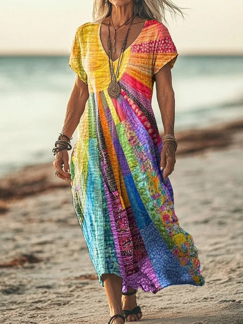 Woman in a short-sleeve multicolour patchwork maxi dress with V-neck, walking barefoot along the beach