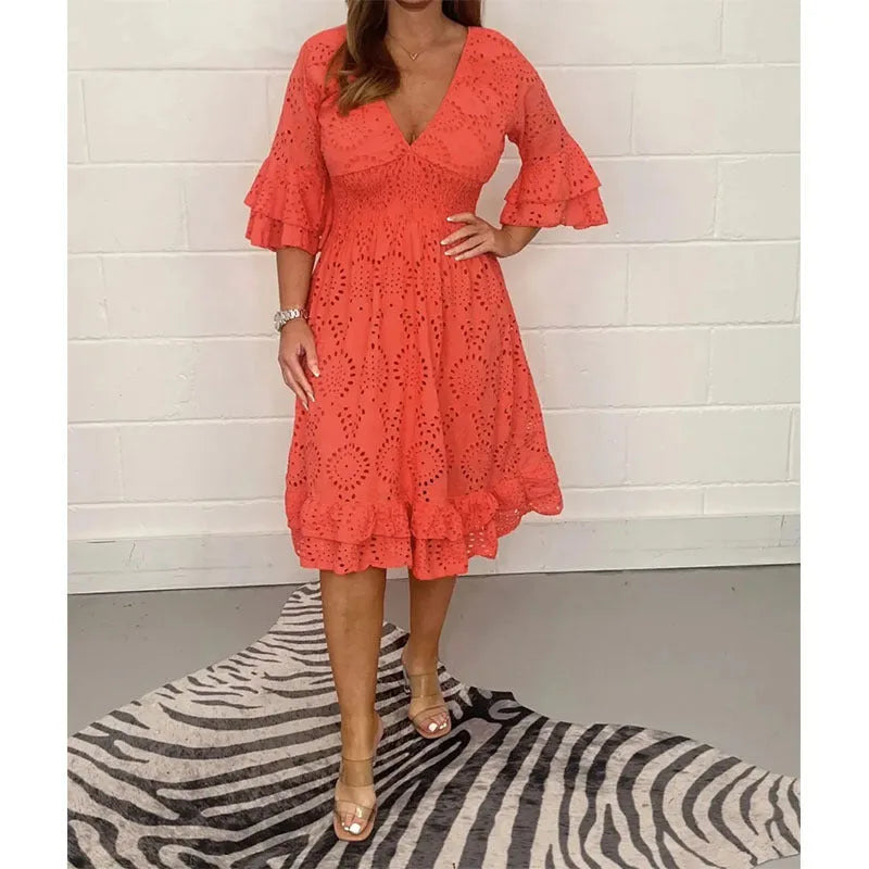 Coral orange broderie anglaise midi dress with V-neckline, smocked bodice and tiered ruffle hemline