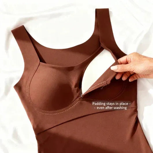 Interior view showing the removable padded cups that stay in place inside the tank top