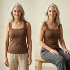 Side-by-side comparison showing the tank top fitting smoothly while standing and sitting