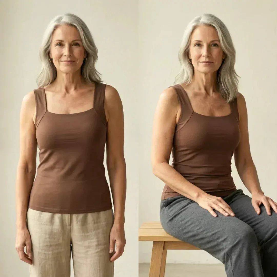 Side-by-side comparison showing the tank top fitting smoothly while standing and sitting