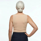 Back view of the beige tank top showing the scoop back and close, smooth fit