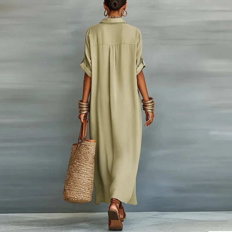 Julia | Women's Button-Down Maxi Shirt Dress with Contrast Collar