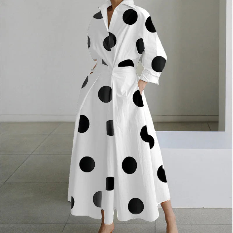 Close-up of the collared V-neckline and button placket on the maxi shirt dress