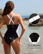 Back view showing crisscross adjustable straps, tie detail and fully lined moderate coverage bottom