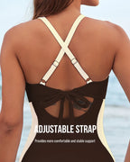 Back view close-up of crisscross straps in a coffee and cream colourway with tie detail at centre back